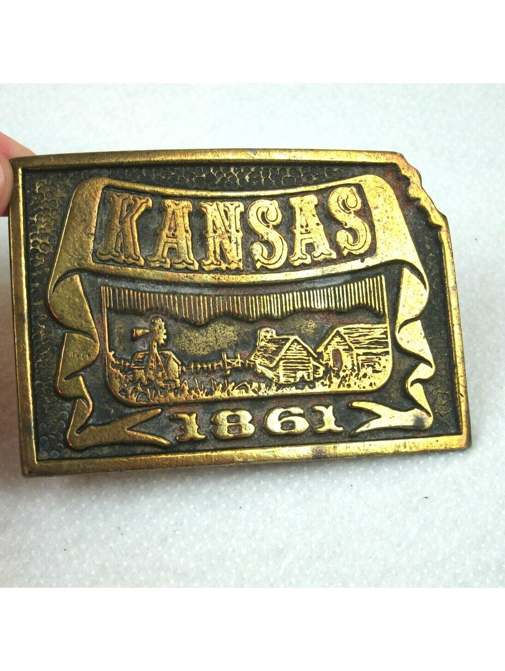 Vintage 1970s Kansas 1861 State Belt Buckle Brass tone Metal Farm Windmill RARE